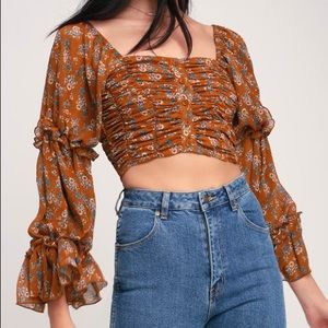 Lulus Kamila Rust Brown Floral Print Ruched Top